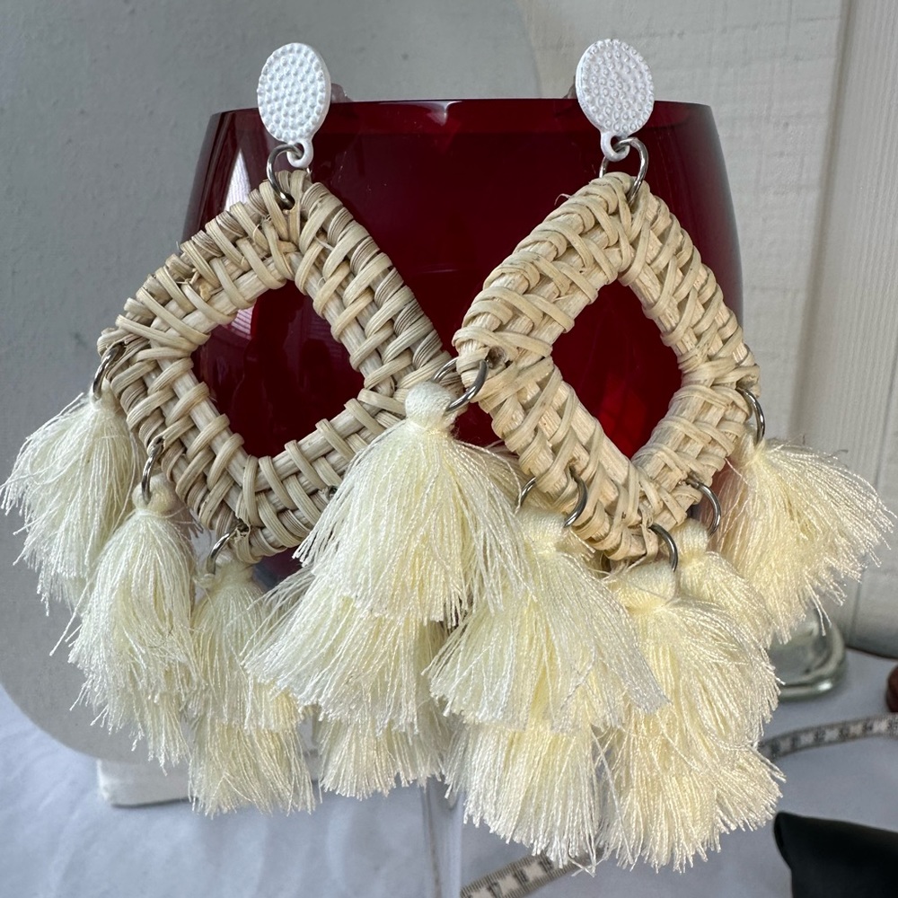 Large beach vibe beige multi tassel earrings